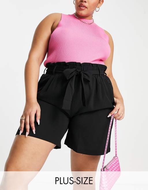 Pieces tailored high waisted paperbag shorts in black