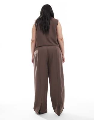 Pieces Plus Pieces Curve Tailored Multiway Button Leg Pants In Brown