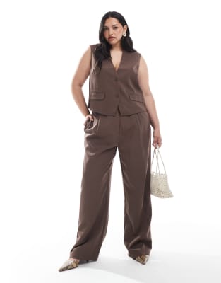 Pieces Plus Pieces Curve tailored multiway button leg trouser co-ord in chocolate brown