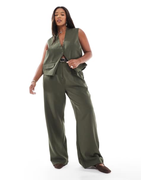 Pieces Curve tailored multiway button leg trouser co-ord in khaki - view 1