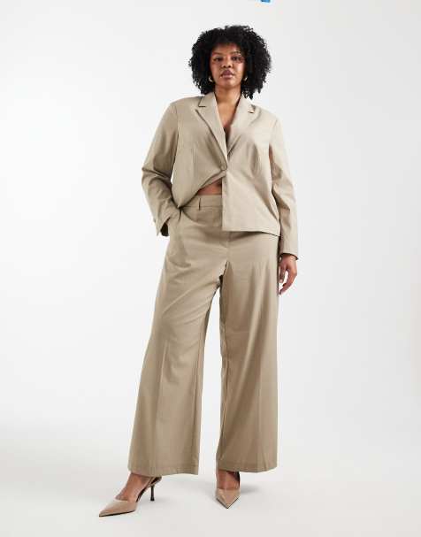 Pieces Curve tailored short blazer & wide leg pants set in beige - view 1