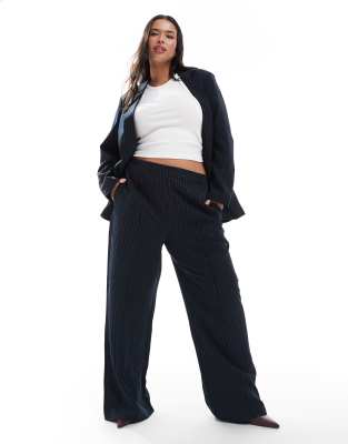 Pieces Plus Pieces Curve tailored trouser co-ord in navy pinstripe-Black