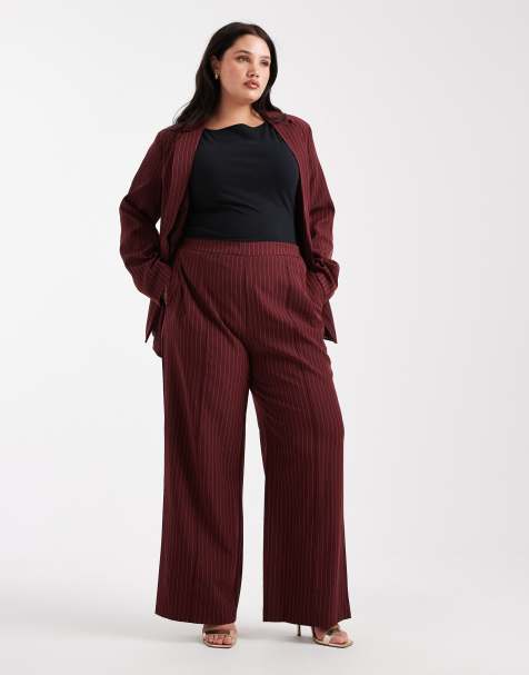 Pieces Curve tailored trousers co-ord in burgundy pinstripe - view 1