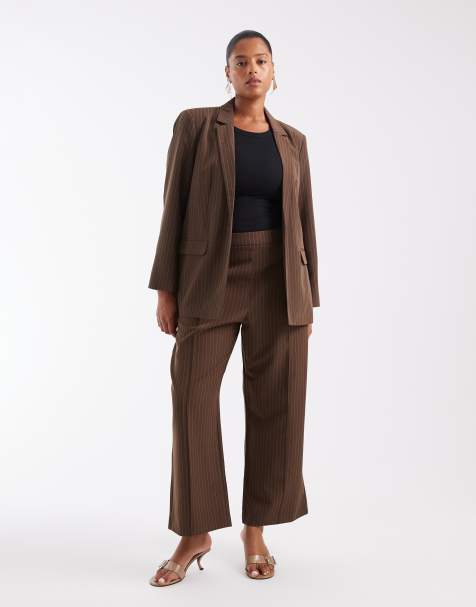 Pieces Curve tailored trousers co-ord in chocolate pinstripe - view 1