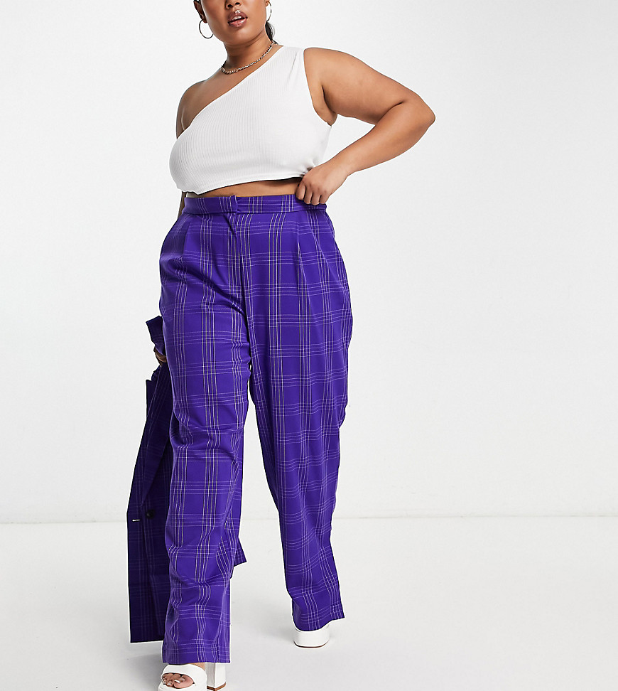Pieces Curve tailored trousers co-ord in purple check