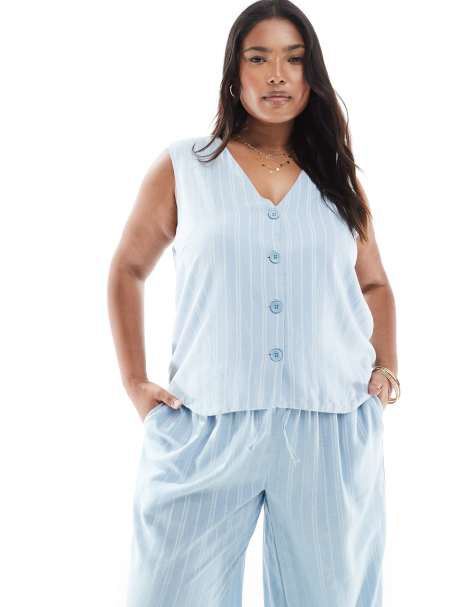 Pieces Curve tailored vest co-ord in light blue stripe - view 1