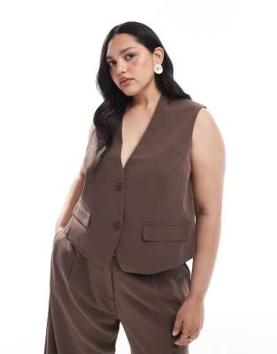 Pieces Plus Pieces Curve tailored waistcoat co-ord in chocolate brown