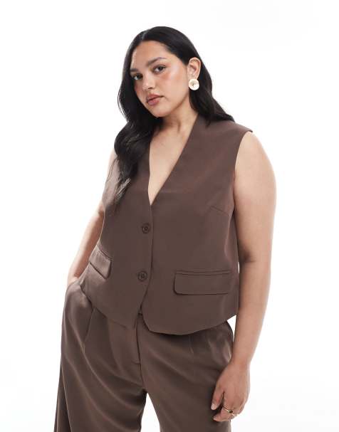 Pieces Curve tailored waistcoat co-ord in chocolate brown