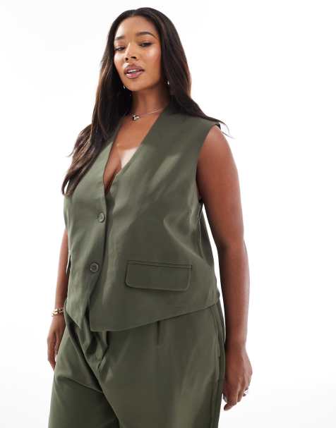 Pieces Curve tailored waistcoat co-ord in khaki