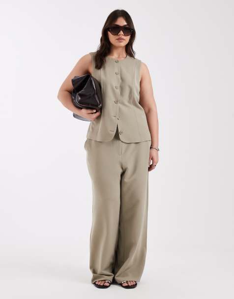 Pieces Curve tailored waistcoat & high waist wide leg trouser co-ord in pale khaki green - view 1