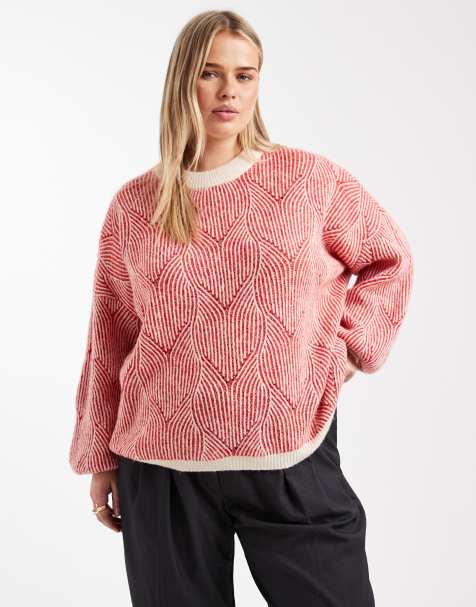 Pieces Curve textured detail knit sweater in contrast red and cream - view 1