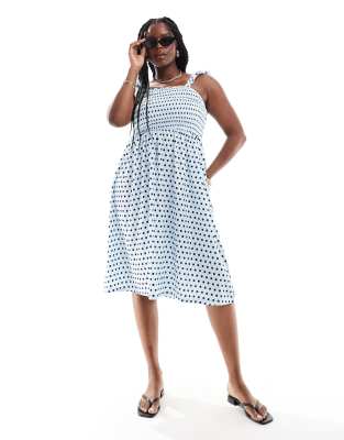 Pieces Plus Pieces Curve textured jersey frill strap maxi dress in blue spot print