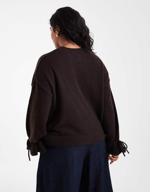 Pieces Curve tie cuff detail jumper in chocolate brown, 4 of 4