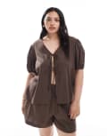 [Pieces Plus] PIECES Curve tie detail short sleeve top in chocolate brown (Part of a set) 44 Chocolate martini
