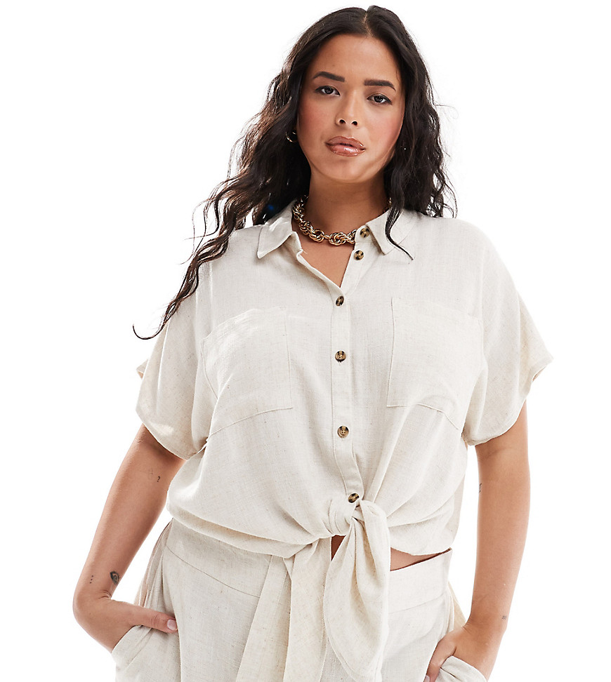 Pieces Curve tie front linen shirt co-ord in cream-White