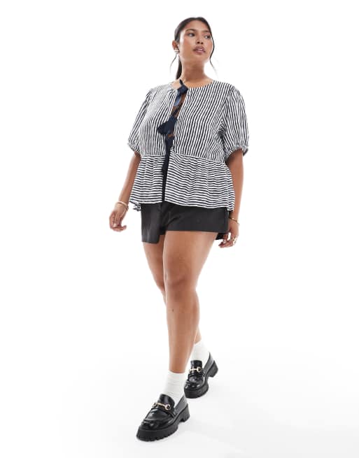 Pieces Curve tie front short sleeve peplum hem top in navy and white stripe, 2 of 4