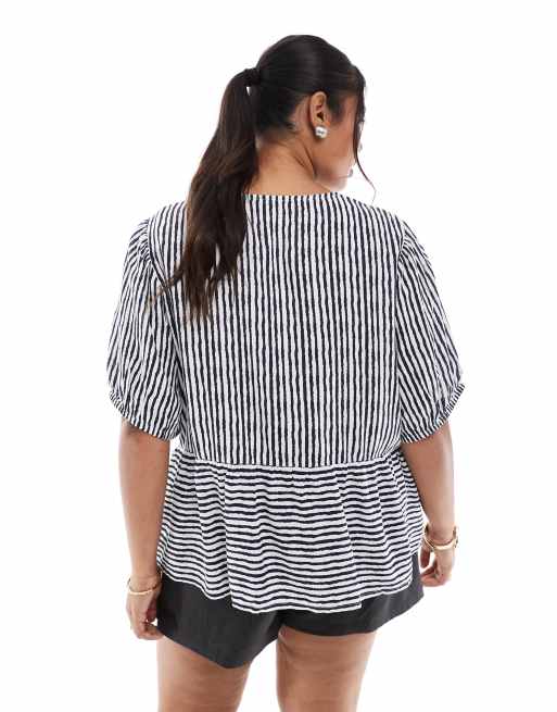 Pieces Curve tie front short sleeve peplum hem top in navy and white stripe, 3 of 4
