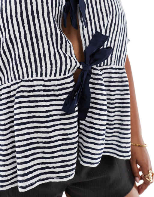 Pieces Curve tie front short sleeve peplum hem top in navy and white stripe, 4 of 4