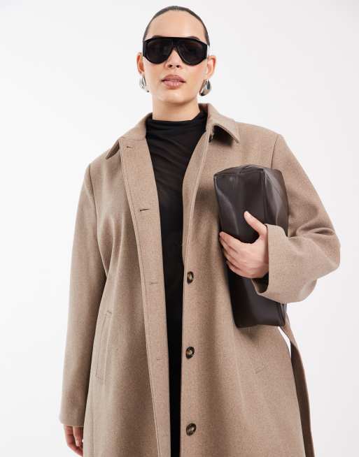 Pieces Curve tie waist long formal wool look coat in beige melange, 2 of 4