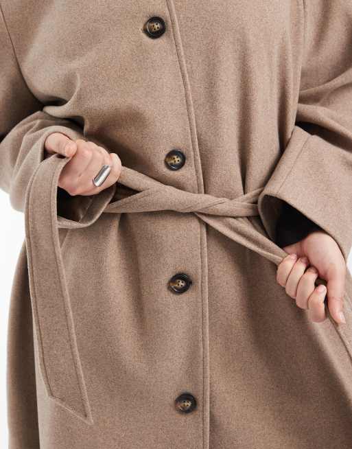Pieces Curve tie waist long formal wool look coat in beige melange, 3 of 4