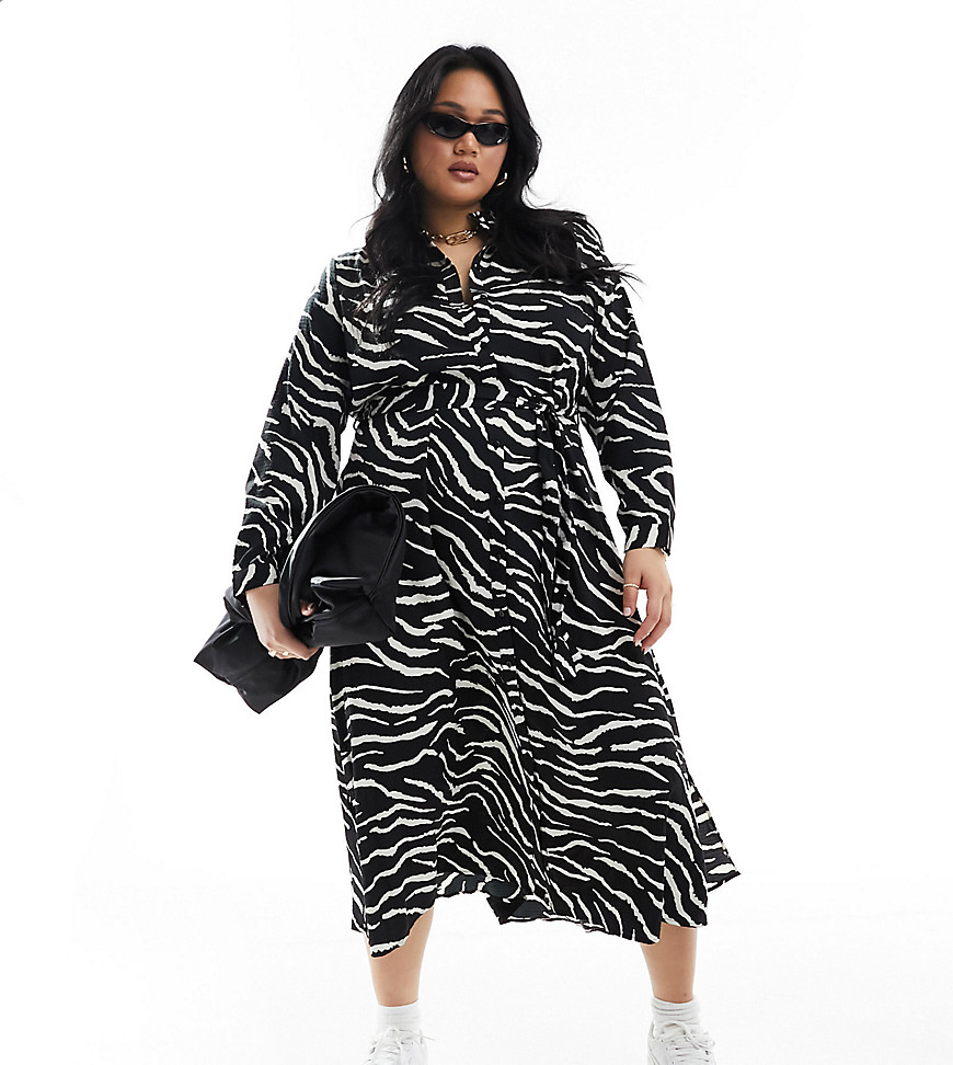 Pieces Curve tie waist midi shirt dress in black & white zebra print-Multi
