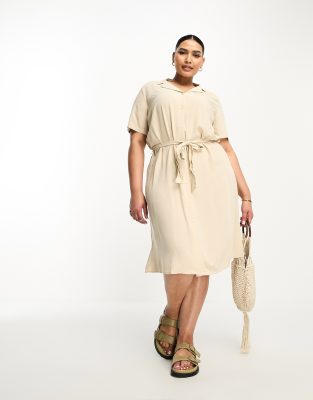 Pieces Curve tie waist midi shirt dress in cream-White