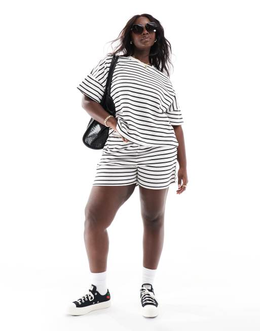 Pieces Curve tie waist sweat shorts in mono stripe (part of a set)
