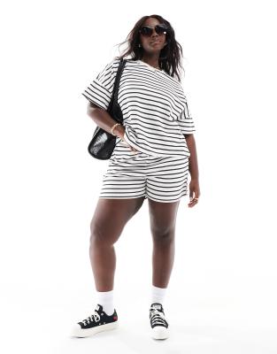 Pieces Curve tie waist sweatshirt fabric shorts in black and white stripe - part of a set-Multi