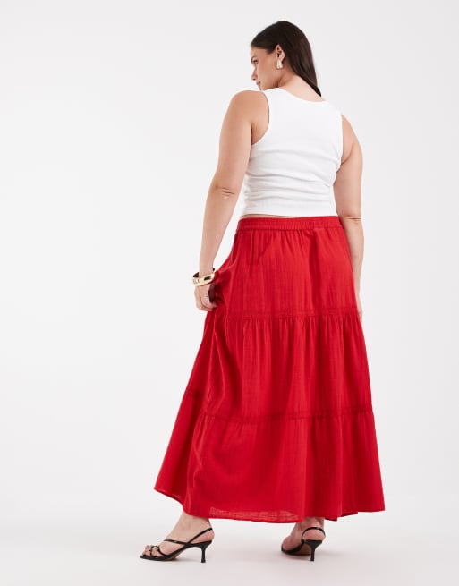 Pieces Curve tiered boho maxi skirt in red, 2 of 5