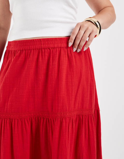 Pieces Curve tiered boho maxi skirt in red, 3 of 5