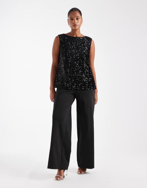 Pieces Curve - Top nero con scollo a barchetta e paillettes, 2 di 4