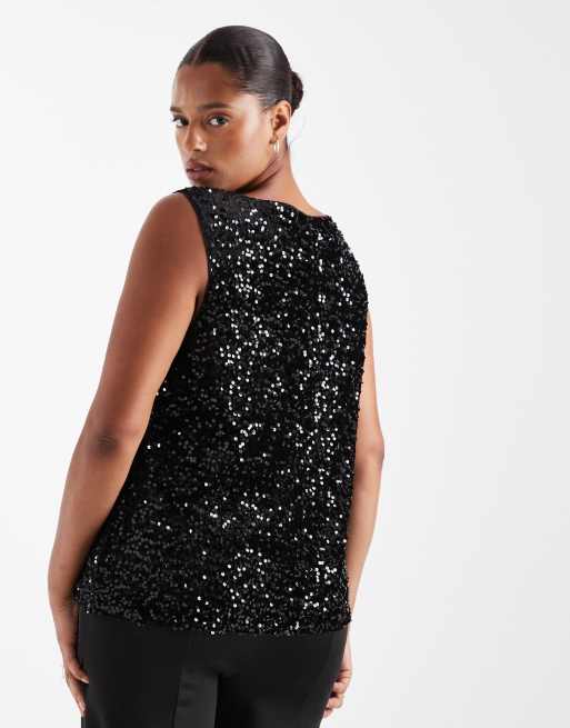 Pieces Curve - Top nero con scollo a barchetta e paillettes, 3 di 4