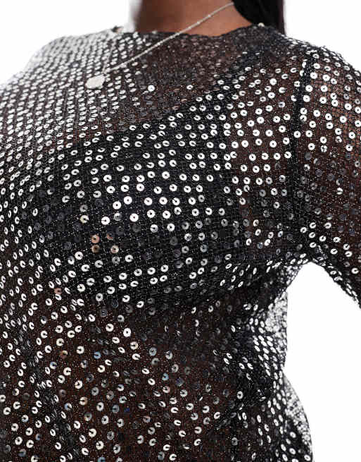 Pieces Curve - Top van mesh met lange mouwen en lovertjes in zwart, 3 van 4