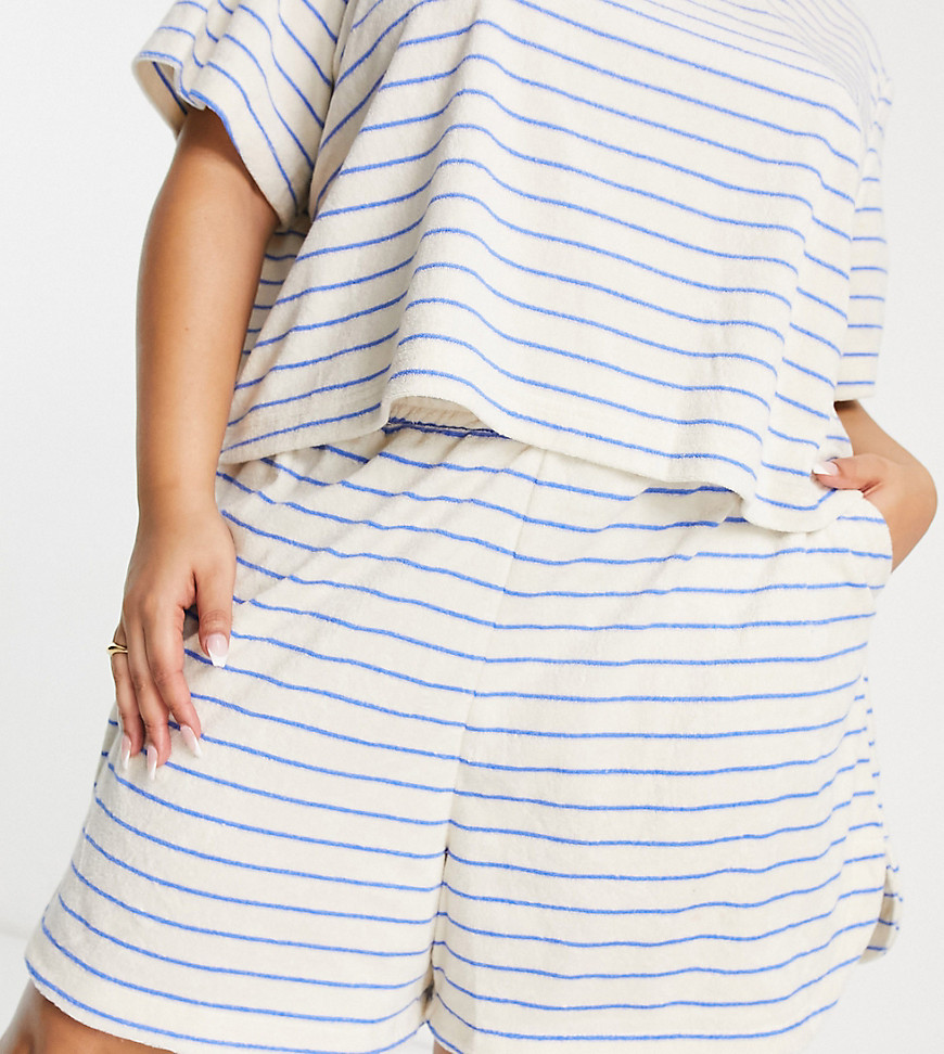 Pieces Curve towelling shorts in cream & blue stripe-Yellow