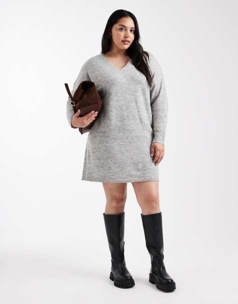 Pieces Curve v-neck mini jumper dress in light grey - view 1