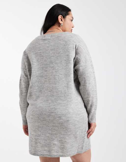 Pieces Curve v-neck mini jumper dress in light grey, 3 of 4