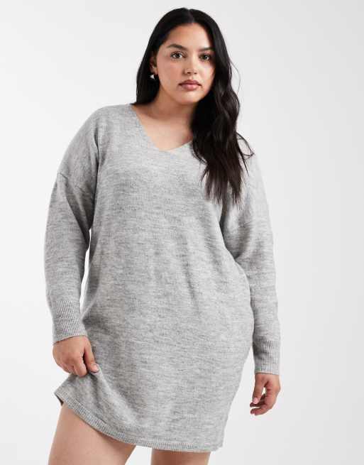 Pieces Curve v-neck mini jumper dress in light grey, 4 of 4