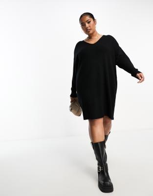 pieces curve v-neck mini sweater dress in black