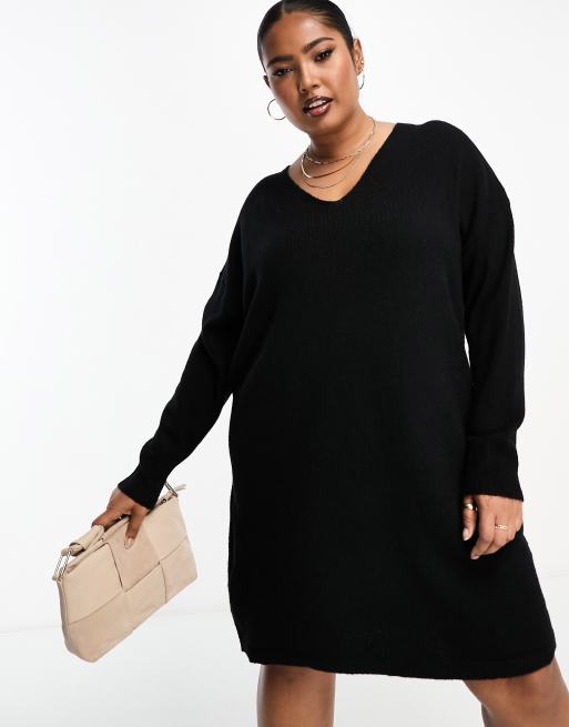 Pieces Curve V-neck mini sweater dress in black ASOS