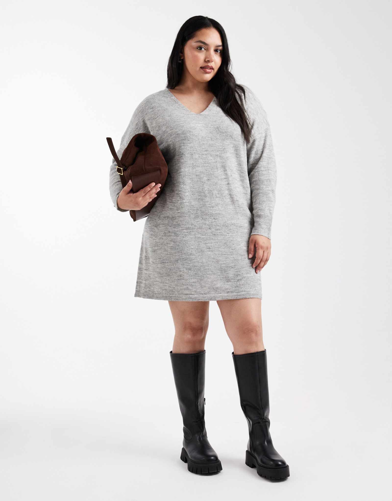 Облегающее мини-платье-свитер с v-образным вырезом светло-серого цвета