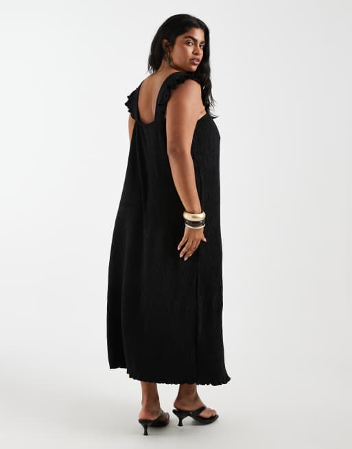 Pieces Curve - Vestido largo negro plisado con volantes en las mangas, 4 de 4