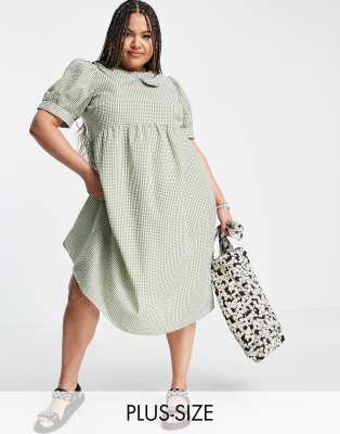 Pieces Curve puff sleeve midi smock dress in green gingham - ASOS Price Checker