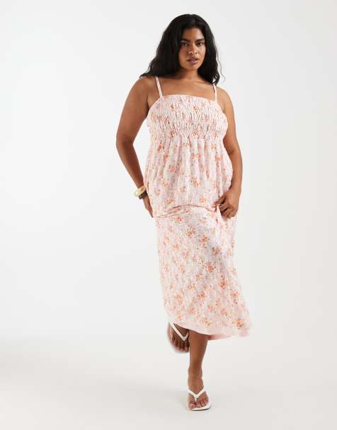 Pieces Curve - Vestito lungo a punto smock con spalline sottili in pizzo rosa a fiorellini - view 1