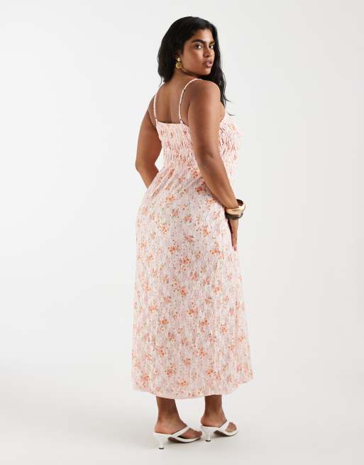 Pieces Curve - Vestito lungo a punto smock con spalline sottili in pizzo rosa a fiorellini, 4 di 4