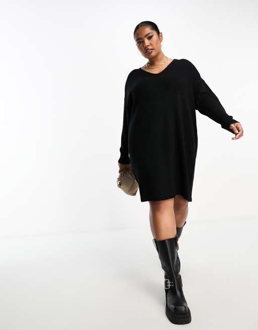 Pieces Curve - Vestito maglia corto nero con scollo a V