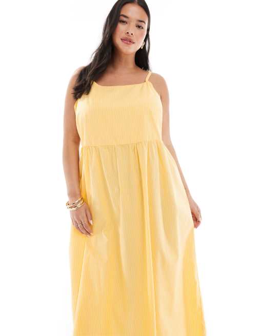 Pieces Curve - Vestito midi color giallo pallido a righe con spalline sottili, 4 di 4