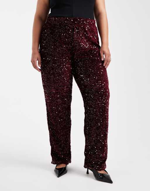 Pieces Curve – Vinröda byxor med vida ben och paljetter i velour, 2 av 5
