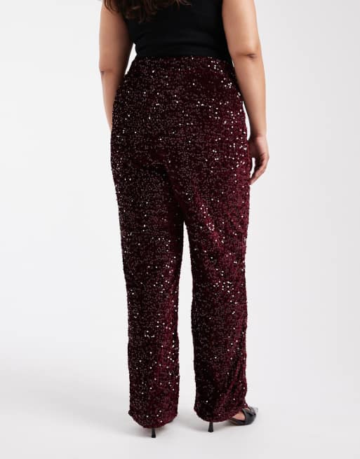 Pieces Curve – Vinröda byxor med vida ben och paljetter i velour, 3 av 5