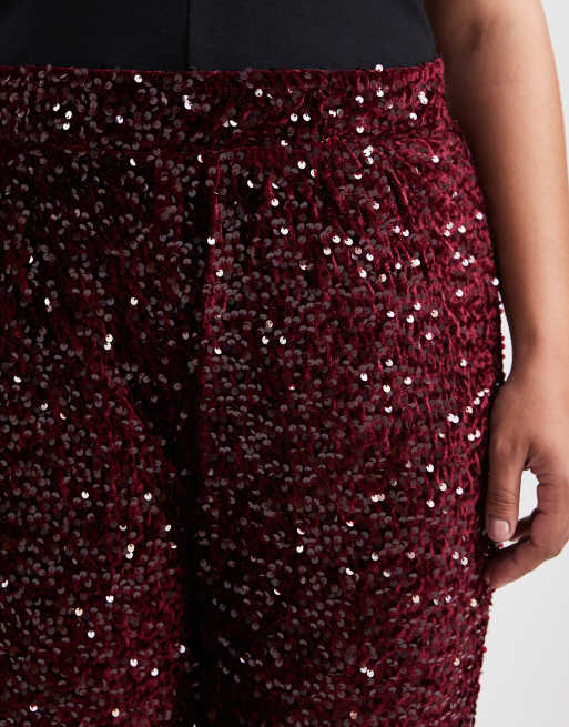 Pieces Curve – Vinröda byxor med vida ben och paljetter i velour, 5 av 5