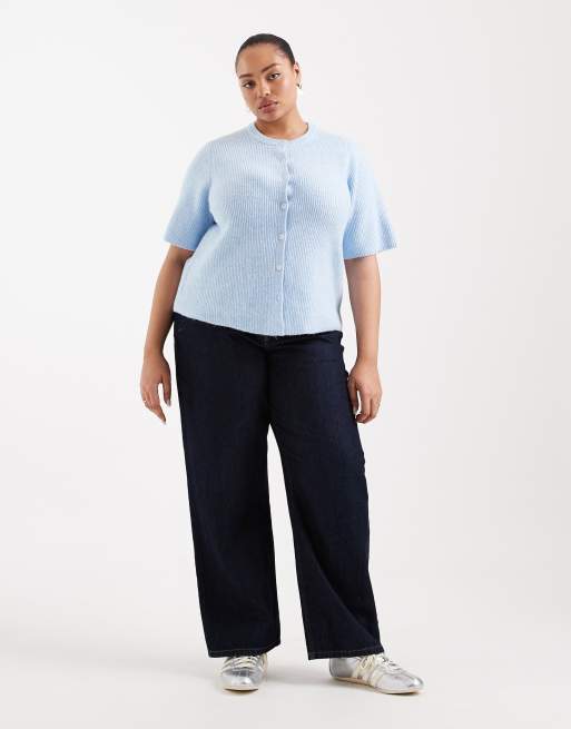 Pieces Curve – Weiche, kurzärmlige Strickjacke in Blau, 3 von 4